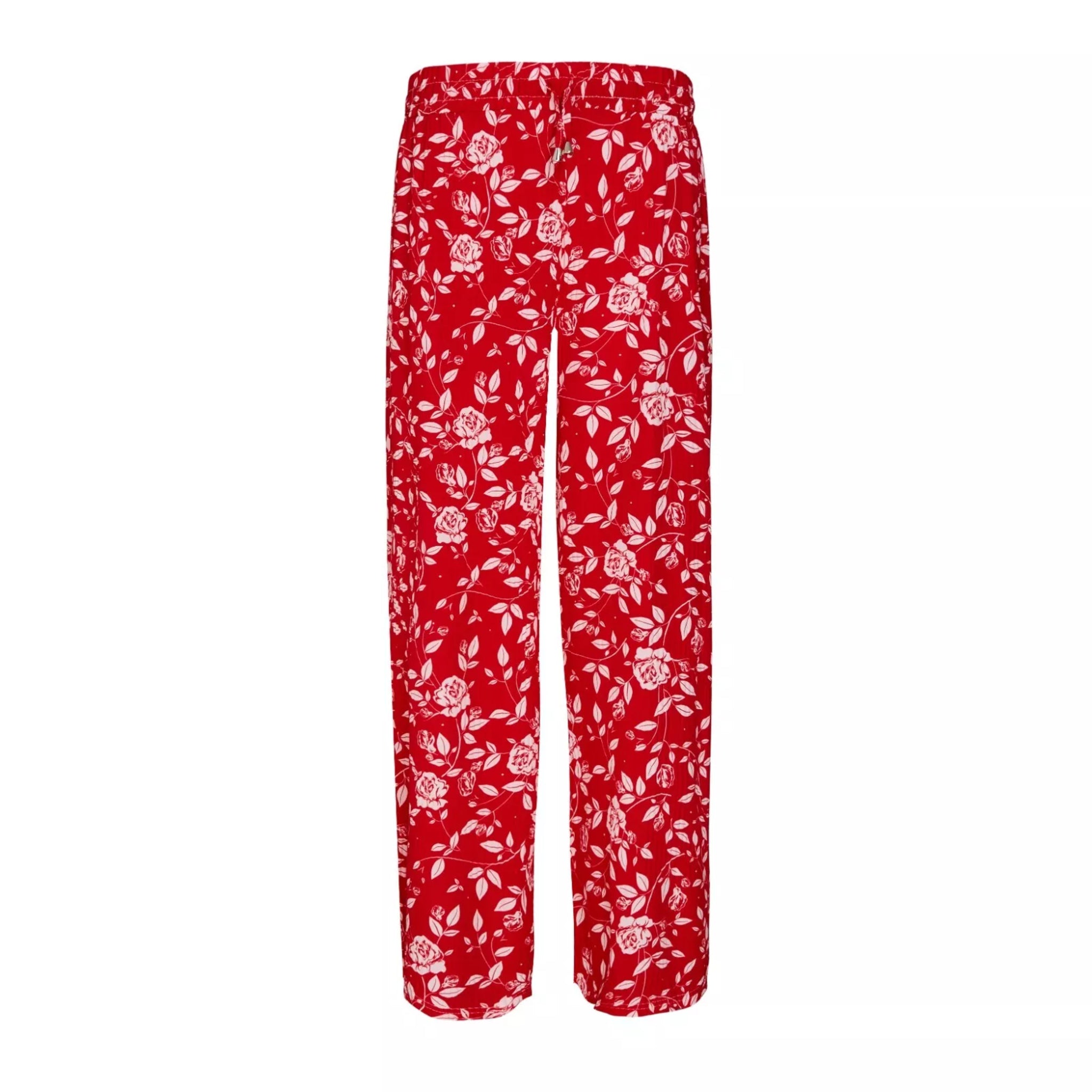 Ladies Soft Touch Red Palazzo Trousers with White Floral Design – Comfortable Wide Leg Summer Pants